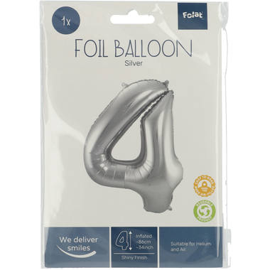 Cijfer Ballon 4 - Zilver - 86 cm