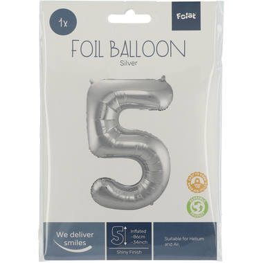 Cijfer Ballon 5 - Zilver - 86 cm