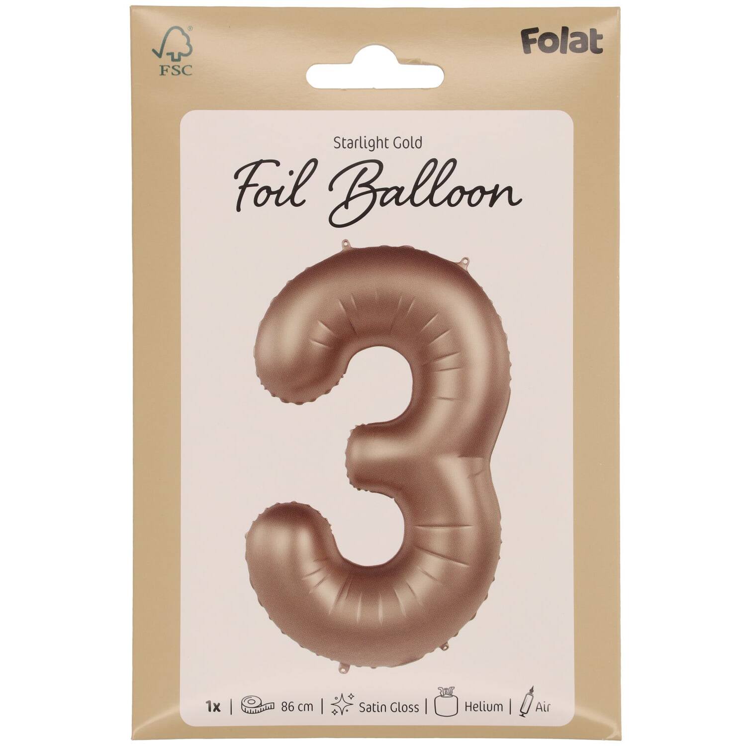 Cijfer Ballon 3 - Starlight Goud - 86 cm