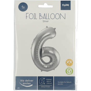 Cijfer Ballon 6 - Zilver - 86 cm