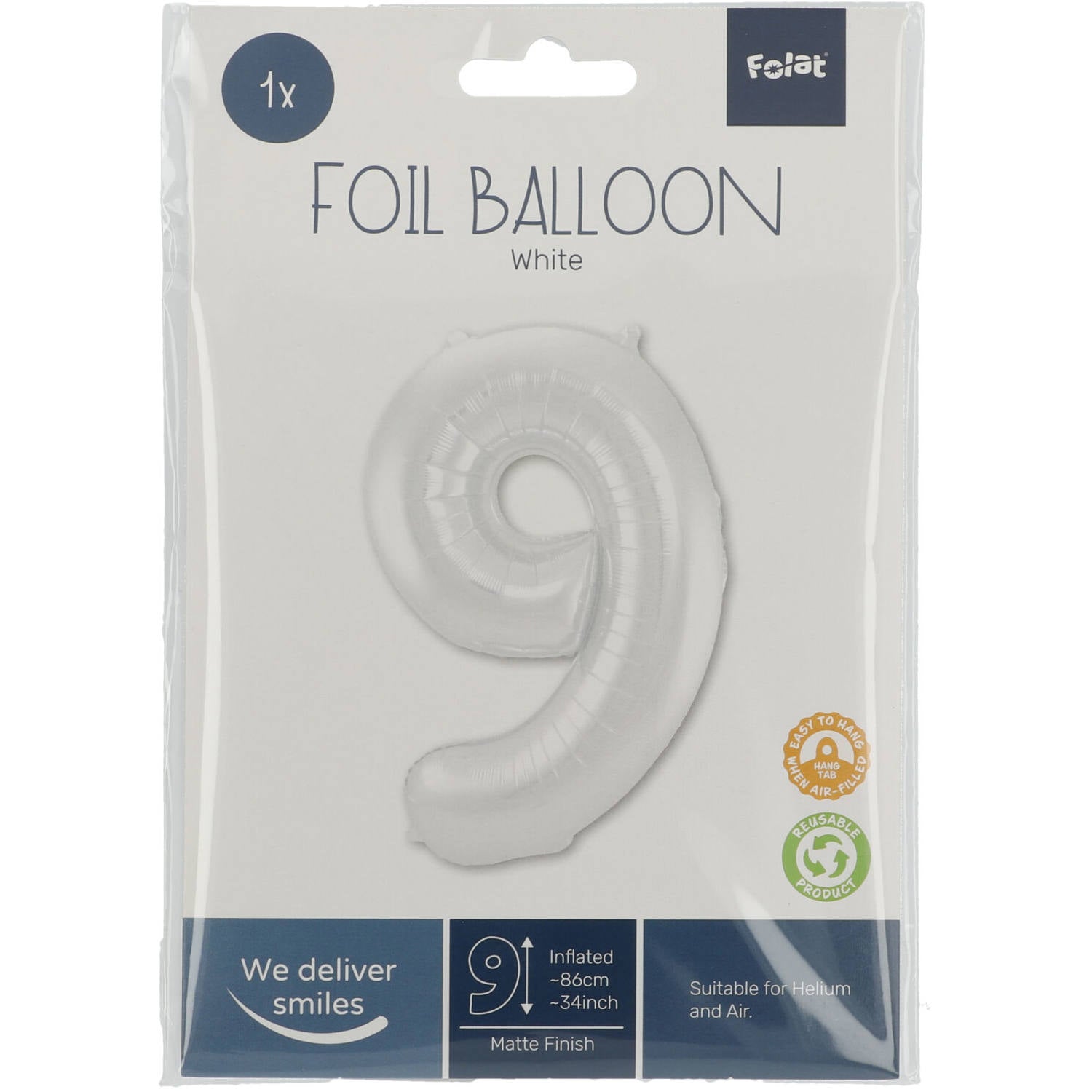 Cijfer Ballon 9 - Wit - 86 cm