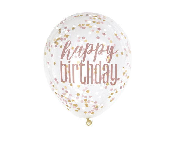 Happy Birthday Confetti Ballonnen - Rose Goud - 6 stuks - 30,5 cm